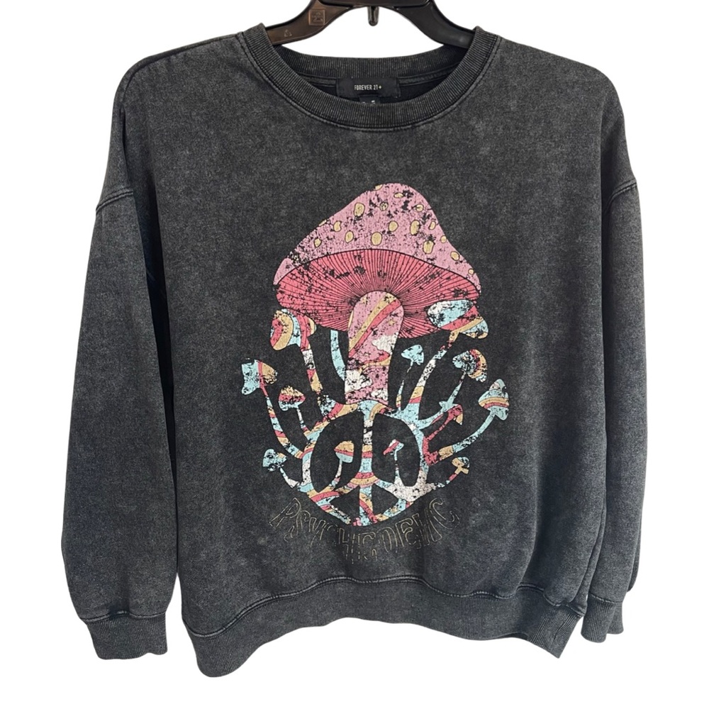 Forever 21 Psychadelic Mushroom Peace Sign Sweat Shirt OX Black Crew Neck
